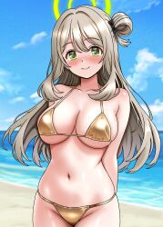1girl absurdres aikawa_nandesu arms_behind_back beach bikini blue_archive blue_sky breasts brown_hair cloud day gold_bikini green_eyes green_halo halo highres horizon large_breasts long_hair looking_at_viewer navel nonomi_(blue_archive) ocean outdoors sky smile solo swimsuit