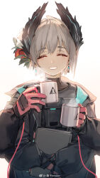 1girl absurdres arknights binder black_jacket closed_eyes cup earrings extra_arms flower gloves grey_hair hair_flower hair_ornament head_wings highres holding holding_cup imoko_(imonatsuki) jacket jewelry load_bearing_vest mug raidian_(arknights) red_gloves rhodes_island_logo_(arknights) short_hair smile solo steam teeth watermark weibo_username weibo_watermark white_background wings