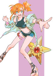 1girl absurdres alternate_costume aoki_ippei. asymmetrical_hair belly blush breasts cowboy_shot creatures_(company) eyelashes flip-flops game_freak gen_1_pokemon green_eyes gym_leader hair_between_eyes hair_tie highres jacket jewelry legs misty_(pokemon) nintendo open_mouth orange_hair poke_ball pokemon pokemon_(creature) pokemon_rgby ponytail sandals shirt shorts side_ponytail staryu thighs yellow_shirt