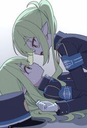 2girls absurdres armband blue_archive blue_armband earrings eye_contact gloves green_hair hat highres hikari_(blue_archive) jewelry long_hair long_sleeves looking_at_another lying multiple_girls nozomi_(blue_archive) open_mouth peaked_cap pointy_ears siblings sidelocks sisters sweat train_conductor twins upper_body vector_(dmlddmld00) yellow_eyes