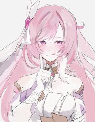 1girl bare_shoulders breasts commentary corset diamond-shaped_pupils diamond_(shape) elysia_(herrscher_of_human:_ego)_(honkai_impact) elysia_(honkai_impact) gloves highres honkai_(series) honkai_impact_3rd licking_lips long_hair pink_hair purple_eyes simple_background solo suzu_(0943_su) symbol-only_commentary symbol-shaped_pupils tongue tongue_out upper_body veil very_long_hair white_background white_corset white_gloves white_veil