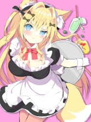 1girl :t absurdres alternate_costume animal_ear_fluff animal_ears apron black_bow black_dress black_hairband blonde_hair blue_eyes blush bow breasts closed_mouth copyright_request dress enmaided food fox_ears fox_girl fox_tail frilled_apron frilled_hairband frills fuuna_thise hair_between_eyes hair_bow hair_intakes hairband highres holding holding_tray ice_cream ice_cream_float large_breasts long_hair maid pink_background puffy_short_sleeves puffy_sleeves red_bow short_sleeves simple_background solo sweat tail tray two_side_up very_long_hair virtual_youtuber wavy_mouth white_apron