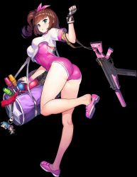 1girl arched_back ass athletic_leotard bag bag_charm ball black_background black_gloves blush breasts brown_hair character_name charm_(object) clenched_hand coco_mercury covered_erect_nipples crop_top crop_top_overhang drill_hair duffel_bag fingerless_gloves full_body game_cg gloves green_eyes gun gym_shirt gym_uniform gymnastics hair_ribbon hand_up highleg highres juggling_club kneepits last_origin leg_up legs leotard leotard_under_clothes looking_at_viewer looking_back lrl_(last_origin) magazine_(weapon) medium_breasts medium_hair multicolored_gloves official_art one_side_up open_bag paintale parted_lips pink_leotard pink_ribbon pink_shoes red_ribbon rhythmic_gymnastics ribbon ribbon_baton rifle shirt shoe_dangle shoes short_sleeves single_glove solo standing standing_on_one_leg star_(symbol) star_print strap suppressor tachi-e thighs tomo_(last_origin) transparent_background unzipped weapon white_gloves white_shirt wristband zipper zipper_pull_tab