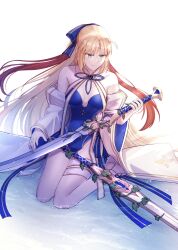 1girl ahoge artoria_caster_(fate) artoria_caster_(swimsuit)_(fate) artoria_caster_(swimsuit)_(third_ascension)_(fate) artoria_caster_(swimsuit_berserker)_(fate) artoria_caster_(swimsuit_berserker)_(third_ascension)_(fate) artoria_pendragon_(fate) bare_legs bare_shoulders blonde_hair blue_bow blue_one-piece_swimsuit blue_ribbon bow breasts diamond_(shape) double_blade fate/grand_order fate_(series) full_body gold_trim green_eyes hair_bow highres holding holding_sword holding_weapon long_hair long_sleeves looking_down one-piece_swimsuit ornament red_hair ribbon sitting sitting_on_water small_breasts smile swimsuit sword twintails very_long_hair water weapon white_background white_footwear white_ribbon yamano_udumi