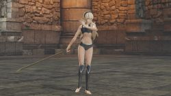 1girl 3d armor armpits bare_shoulders barefoot bra breasts broken_armor building cleavage collarbone female_corrin_(fire_emblem) feet female_focus fighting_pose fingernails fire_emblem fire_emblem_fates fire_emblem_warriors gameplay_mechanics hair_ornament hairband highres holding holding_sword holding_weapon legs long_hair medium_breasts midriff multicolored_underwear navel neck nintendo official_alternate_costume official_underwear outdoors pale_skin panties pointy_ears red_eyes serious silver_hair solo standing sword thighs tiptoes toenails toes underwear underwear_only weapon yato_(fire_emblem)