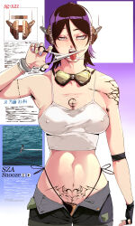 1girl absurdres arm_tattoo bare_shoulders black_hair bleach breasts cleavage covered_erect_nipples crop_top denim fingerless_gloves gloves goggles goggles_around_neck grey_eyes hair_between_eyes highres holding jewelry jobin_chan kuchiki_rukia large_breasts looking_at_viewer medium_breasts midriff nail_polish navel navel_piercing open_fly open_mouth panties pants piercing pubic_hair pubic_tattoo purple_hair purple_nails scissors shirt short_hair shorts shoulder_tattoo solo standing tank_top tattoo teeth tongue tongue_out underwear
