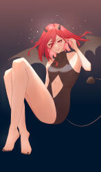 Rule 34 | 1boy, absurdres, androgynous, bare shoulders, barefoot, black nails, blue lock, chigiri hyoma, closed mouth, clothing cutout, demon boy, demon horns, demon tail, demon wings, full body, gradient background, highres, horns, just we, long hair, male focus, navel cutout, original, red eyes, red hair, smile, solo, tail, wings