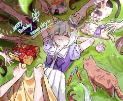 6+girls :3 =_= animal_ears arms_behind_back blanket blush bow bowtie box cat cat_teaser character_name closed_mouth ear_covers gift gift_box grass green_hair happy_birthday highres horse_ears horse_girl horse_tail lying multiple_girls on_back out_of_frame outdoors puffy_short_sleeves puffy_sleeves purple_shirt sailor_collar school_uniform seiun_sky_(umamusume) shade shadow shirt short_hair short_sleeves single_ear_cover skirt solo_focus sparkle tail tracen_school_uniform umamusume unseuking0427 white_skirt