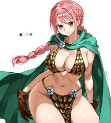 1girl absurdres armor bikini_armor blush braid breasts brown_eyes cape chain cleavage color_guide commentary_request gloves gold_chain green_cape highres jewelry kasumi_6 large_breasts long_hair necklace one_piece pink_hair rebecca_(one_piece) shiny_skin thick_thighs thighs white_background wide_hips