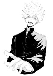 Rule 34 | 1boy, bakugou katsuki, boku no hero academia, collared jacket, collared shirt, commentary request, cropped torso, fingernails, gakuran, greyscale, highres, jacket, layered sleeves, long sleeves, looking at viewer, male focus, monochrome, neminemisho, open collar, open mouth, outstretched arm, school uniform, shirt, short hair, simple background, solo, spiked hair, teeth, tongue, tongue out, white background