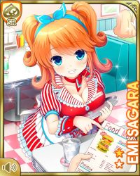 3girls alternate_costume apron blue_eyes blue_ribbon booth_seating breasts burger card_(medium) character_name cleavage closed_mouth cuffs day diner dress english_text food girlfriend_(kari) glass hair_ribbon ice ice_cream ice_cube indoors large_breasts looking_at_viewer multiple_girls name_tag official_art orange_hair pointing qp:flapper red_dress red_neckwear ribbon sagara_emi smile sundae table tagme tray twintails waitress water