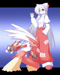 1girl blaziken crossover fujiwara_no_mokou gen_3_pokemon hair_ribbon long_hair miyo_(miyomiyo01) poke_ball pokemon pokemon_(creature) red_eyes ribbon silver_hair talons touhou very_long_hair