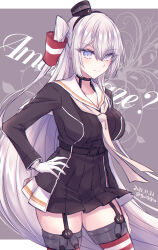 1girl amatsukaze_(kancolle) amatsukaze_(kancolle)_(cosplay) amatsukaze_kai_ni_(kancolle) amatsukaze_kai_ni_(kancolle)_(cosplay) black_choker black_dress breasts choker commentary_request cosplay cowboy_shot dated dress fuyutsuki_(kancolle) garter_straps gloves grey_background grey_eyes grey_hair grey_neckerchief hand_on_own_hip highres kabocha_torute kantai_collection long_hair medium_breasts neckerchief one_side_up sailor_collar sailor_dress single_glove solo striped_clothes striped_thighhighs text_background thighhighs twitter_username white_gloves white_sailor_collar