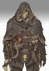 1boy belt brown_jacket brown_pants commentary death_stranding english_commentary facial_hair gas_mask goatee grey_background hamms_hamss higgs_(death_stranding) highres hood hood_up jacket long_sleeves looking_at_viewer male_focus mask military_uniform pants post-apocalypse skull solo