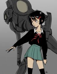 1girl absurdres animification black_hair black_sweater bow chillustrates commentary english_commentary green_skirt hair_ornament highres marvel mecha neon_genesis_evangelion peni_parker red_bow robot short_hair signature simple_background skirt sp//dr spider-man_(series) spider-verse sweater thighhighs x_hair_ornament zettai_ryouiki