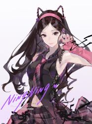 1girl aespa artist_name_(singer) black_nails closed_mouth commentary cowboy_shot cross-laced_clothes cross-laced_top elbow_gloves eyeliner fingerless_gloves gloves hairband highres k-pop long_hair looking_at_viewer makeup necktie ningning_(aespa) pink_gloves pink_hairband pink_nails pink_necktie real_life skirt sleeveless solo zhanzhan_lan
