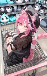 1girl animal_ear_piercing animal_ears beret black_bra black_choker black_hair black_hat black_hoodie black_shirt blush bow bra breasts character_doll chattino_(raora_panthera) choker closed_mouth commentary doll fish_skeleton_hair_ornament fishnet_thighhighs fishnets floral_print_shirt grey_skirt hair_intakes hair_ornament hairclip hat heart heart_o-ring highres hololive hololive_english hood hoodie in_shopping_cart large_breasts leg_warmers long_hair looking_at_viewer looking_back multicolored_hair o-ring o-ring_thigh_strap omochiarts panther_ears panther_girl panther_tail paw_print pink_bow pink_hair pleated_skirt price_tag raora_panthera safety_pin shirt shopping_cart skirt sleeves_past_fingers sleeves_past_wrists smile solo spiked_choker spikes streaked_hair striped_clothes striped_hoodie striped_thighhighs stuffed_toy tail thigh_strap thighhighs thighs torn_clothes torn_thighhighs underwear very_long_sleeves virtual_youtuber white_leg_warmers yellow_eyes