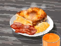 Rule 34 | bacon, breakfast, commentary, food, food focus, grilled cheese, hisachan55cute, juice, no humans, on table, orange juice, original, pixel art, scrambled egg, simple background, spring onion, steaming food, still life, table