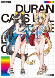 2girls animal_ears armpits arms_behind_head black_hair blonde_hair blue_eyes calstone_light_o_(umamusume) character_name closed_mouth clothes_writing durandal_(umamusume) ear_covers highres horse_ears horse_girl horse_tail long_hair looking_at_viewer multicolored_hair multiple_girls one-piece_swimsuit sandals sarcophage smile standing streaked_hair swimsuit tail umamusume white_hair white_one-piece_swimsuit yellow_eyes