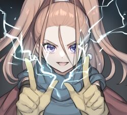 1girl aqua_tunic barbara_(dq6) black_sleeves commentary detached_sleeves dragon_quest dragon_quest_vi earrings electricity electrokinesis floating_hair gloves grey_background hair_pulled_back hair_tubes haniwa_(8241427) high_ponytail index_fingers_raised jewelry looking_at_viewer magic open_mouth orange_hair ponytail purple_eyes smile solo sphere_earrings tunic upper_body yellow_gloves