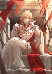 Rule 34 | 1boy, abs, ancient greek clothes, arm tattoo, bare pectorals, blonde hair, bracelet, braid, chest tattoo, chiton, commentary, earrings, facial tattoo, gold bracelet, gold earrings, gold necklace, gold ring, gradient hair, greco-roman clothes, hair between eyes, highres, honkai: star rail, honkai (series), jewelry, looking at viewer, male focus, medium hair, multicolored hair, multiple rings, mydei (honkai: star rail), necklace, parted lips, pectorals, red hair, red tattoo, ring, side braid, solo, tanemaki monaka, tattoo, toned, toned male, watermark, yellow eyes