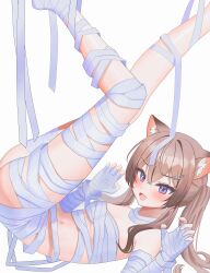 Rule 34 | 1girl, absurdres, animal ear fluff, animal ears, bandages, blush, breasts, brown hair, cat ears, cat girl, fang, feet out of frame, hair over shoulder, highres, indie virtual youtuber, legs, legs over head, legs up, long hair, looking at viewer, lying, naked bandage, navel, on back, open mouth, purple eyes, seorang (vtuber), simple background, small breasts, smile, solo, stomach, twintails, virtual youtuber, white background, yeoun