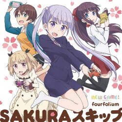 4girls :d abstract_background ahoge album_cover album_name anime_coloring aqua_coat bare_legs barefoot black_shorts black_thighhighs blonde_hair blue_eyes blue_pupils blue_suit breasts bright_pupils brown_hair buttons coat controller cover dot_nose dress facing_away flat_chest formal_clothes game_controller green_eyes green_pupils group_name handheld_game_console highres holding holding_controller holding_game_controller holding_handheld_game_console iijima_yun light_blush lolita_fashion long_hair looking_at_viewer medium_breasts medium_hair multiple_girls new_game! nintendo_ds no_shoes office_lady official_art open_mouth orange_tank_top outstretched_arms playstation_controller playstation_vita pleated_skirt purple_eyes purple_hair purple_pupils red_eyes red_pupils red_skirt sakura_nene shinoda_hajime short_hair short_shorts shorts sidelocks simple_background skirt small_breasts smile socks song_name suit suzukaze_aoba takimoto_hifumi tank_top thighhighs two_side_up very_long_hair white_socks yellow_dress zettai_ryouiki
