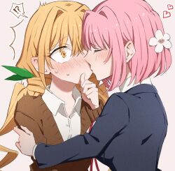 !? 2girls black_jacket blazer blonde_hair bob_cut bow bowtie brown_cardigan cardigan closed_eyes collared_shirt constricted_pupils flower green_ribbon hair_between_eyes hair_flower hair_intakes hair_ornament hair_ribbon hanazono_hakari hand_on_another&#039;s_arm hand_on_own_chin heart highres hiiro_(kiiro_ex) inda_karane jacket kimi_no_koto_ga_dai_dai_dai_dai_daisuki_na_100-nin_no_kanojo kiss low_twintails multiple_girls pink_hair raised_eyebrows red_bow red_bowtie ribbon shirt short_hair simple_background spoken_interrobang surprise_kiss surprised sweat twintails upper_body white_background white_shirt yellow_eyes yuri