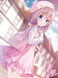 1boy artist_name beret blue_eyes blurry blurry_background blush chinomaron cowboy_shot dress eyebrows_hidden_by_hair frills hair_between_eyes hands_up hat highres holding house lace_trim long_hair looking_at_viewer open_mouth original outdoors pink_bag pink_dress pink_hat shirt solo standing trap white_shirt