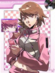1girl alternate_costume artist_name badge brown_eyes brown_hair button_badge character_name checkered_background commentary cropped_jacket earphones earrings flipped_hair frosty_neo1 hand_on_own_hip heart highres holding holding_phone jacket jewelry listening_to_music long_sleeves looking_at_viewer midriff midriff_peek nail_polish navel open_mouth persona persona_3 phone pink_jacket pink_nails short_hair solo star_(symbol) stud_earrings takeba_yukari track_jacket upper_body vinyl_record zipper