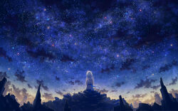 1girl absurdres au_ito blue_ribbon cloud commentary_request dress dress_ribbon floating_clothes from_behind highres long_hair looking_up night night_sky original post-apocalypse ribbon rubber_duck ruins scenery sitting sky sky_focus sleeveless sleeveless_dress solo star_(sky) starry_sky straight_hair very_wide_shot white_dress white_hair wind