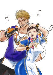 Rule 34 | 1boy, 1girl, absurdres, bardy warrior, black gloves, blonde hair, blue eyes, breasts, brown eyes, brown hair, capcom, chun-li, double bun, dress, fingerless gloves, gloves, hair bun, highres, holding, holding microphone, luke sullivan, microphone, music, purple vest, scar, scar on face, singing, street fighter, street fighter 6, vest, white background, white dress