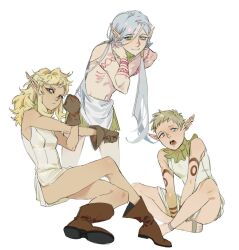 1boy 2girls arm_tattoo bags_under_eyes between_legs blonde_hair boots chest_tattoo crossed_legs dungeon_meshi elf fleki gloves gorget green_eyes grey_hair hair_around_ear hair_tubes hand_between_legs kugai697139 leaning_forward long_hair looking_at_viewer low_twintails lycion medium_hair multiple_girls notched_ear otta_(dungeon_meshi) pointy_ears purple_eyes short_hair simple_background sitting sleeveless stretching tattoo topless_male tunic twintails very_short_hair white_background