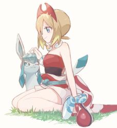 1girl anklet blonde_hair blue_eyes bracelet closed_mouth commentary_request eyelashes from_side gen_4_pokemon glaceon grass hairband happy irida_(pokemon) jewelry medium_hair mozu_(teluto) neck_ring nintendo pokemon pokemon_(creature) pokemon_legends:_arceus red_hairband red_shoes sash shirt shoes shorts sitting smile strapless strapless_shirt white_background white_shorts