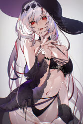 1girl bare_shoulders bikini black_hat breasts cleavage dark_jeanne_(granblue_fantasy) gloves granblue_fantasy hair_ornament hat highres kogome_(azalea4) large_breasts long_hair looking_at_viewer official_alternate_costume red_eyes red_ribbon ribbon simple_background smile solo swimsuit white_background white_hair wide_brim