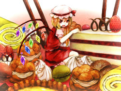 1girl :d blonde_hair cake fang flandre_scarlet food hat in_food mini_person minigirl mob_cap open_mouth oversized_object puffy_short_sleeves puffy_sleeves red_eyes rnkgmn short_sleeves side_ponytail skirt smile sweets touhou vest wings