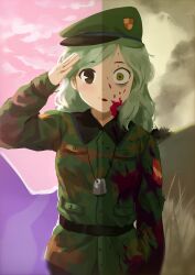 1girl belt blood blood_on_face dog_tags dual_persona flippy_(happy_tree_friends) grass green_eyes green_hat happy_tree_friends hat highres himuhino humanization long_sleeves military_uniform open_mouth outdoors peaked_cap pocket salute smoke solo