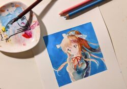 Rule 34 | 1girl, blazer, blue background, blush, bow, brown hair, closed mouth, collared shirt, commentary, doki doki literature club, doki doki literature club school uniform, english commentary, green eyes, grey jacket, hair bow, highres, jacket, long hair, monika (doki doki literature club), neck ribbon, painting (medium), pencil, photo (medium), ponytail, popipopopo0000, red ribbon, ribbon, school uniform, shirt, smile, solo, traditional media, upper body, watercolor pencil (medium), white bow, white shirt