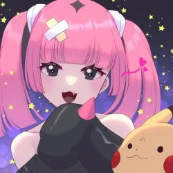 1girl bandaid bandaid_hair_ornament bare_shoulders black_eyes black_hair blunt_bangs coral_(pokemon) creatures_(company) eyelashes fang game_freak gen_1_pokemon hair_ornament heart long_sleeves looking_at_viewer multicolored_hair nemunemu_0826 nintendo pikachu pink_hair pokemon pokemon_(anime) pokemon_(creature) pokemon_horizons sleeves_past_fingers sleeves_past_wrists star_(symbol) twintails two-tone_hair upper_body