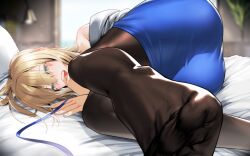 1girl ahoge artoria_pendragon_(fate) ass blonde_hair blue_ribbon blue_skirt blurry blurry_background blush brown_pantyhose fate/stay_night fate_(series) feet foot_focus foot_out_of_frame foreshortening green_eyes hair_between_eyes hand_up indoors looking_at_viewer lying medium_hair miniskirt no_shoes on_bed on_side pantyhose pillow ribbon saber_(fate) shadow shirt skirt solo tamamoice toes white_shirt