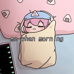 1girl :3 blue_hat blush blush_stickers cellphone chibi closed_eyes closed_mouth english_text food_print full_body hat highres lying mob_cap on_back onigiri_print phone pillow pink_hair print_pillow saigyouji_yuyuko short_hair sleeping smartphone solo touhou triangular_headpiece y75zei