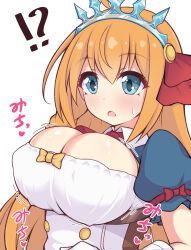 !? 1girl :o absurdres blue_eyes blue_shrug blush bouncing_breasts breasts buttons cleavage commentary_request double-breasted gloves highres kuroha_koudai large_breasts long_hair motion_lines open_mouth orange_hair pecorine_(princess_connect!) princess_connect! puffy_short_sleeves puffy_sleeves shirt short_sleeves sidelocks simple_background solo sound_effects tiara upper_body white_background white_gloves white_shirt