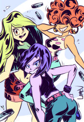 3girls absurdres belt black_tank_top blonde_hair blue_hair cartoon_network coin ed_edd_n_eddy highres lamevision lee_kanker marie_kanker may_kanker multiple_girls orange_hair pants polka_dot polka_dot_shirt shirt simple_background smile tank_top toon_(style)