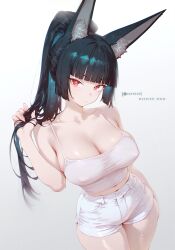 Rule 34 | 1girl, absurdres, animal ear fluff, animal ears, bare shoulders, black hair, blunt bangs, blush, breasts, cleavage, closed mouth, collarbone, fox ears, fox girl, hand on own hip, highres, holding, holding own hair, hoshimi miyabi, large breasts, long hair, looking at viewer, mashiro www, nail polish, navel, no bra, ponytail, red eyes, short shorts, shorts, simple background, solo, standing, tank top, thighs, white background, white shorts, white tank top, zenless zone zero