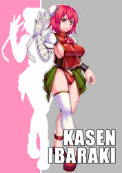 1girl adapted_costume asymmetrical_legwear bandaged_arm bandages bracer breasts bun_cover double_bun female_focus flower hair_bun ibaraki_kasen kupala pink_flower pink_hair pink_rose rose short_hair sideboob skirt smile solo touhou uneven_legwear yellow_eyes