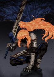 1girl absurdres armor artist_request berserk blood blood_splatter blue_cape cape crossover dragonslayer_(sword) floating_cape floating_hair gauntlets highres holding holding_sword holding_weapon ishmael_(project_moon) limbus_company looking_at_viewer orange_hair ponytail project_moon shaded_face solo squatting sword weapon yellow_eyes
