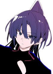 1girl ado_(utaite) blue_hair commentary_request earrings hair_between_eyes jewelry long_hair naima_(ado) ohiyaglass ponytail revision simple_background solo upper_body usseewa white_background