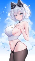 1girl :3 absurdres animal_ears azur_lane bare_arms black_panties black_pantyhose blue_eyes blue_sky blush breasts cloud cloudy_sky cowboy_shot crop_top cropped_shirt day demcheg fake_animal_ears from_side goggles goggles_on_head highleg highleg_panties highres large_breasts looking_at_viewer lowleg lowleg_pantyhose navel oleg_(azur_lane) panties pantyhose shirt short_hair sideboob skindentation sky sleeveless sleeveless_shirt smile solo underwear water_drop white_background white_hair white_shirt