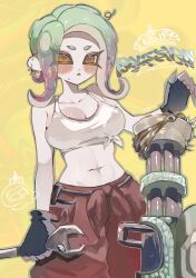 1girl black_gloves breasts cleavage gloves mechanic_(splatoon_raiders) mechanic_(splatoon_raiders)_(cosplay) navel nintendo octoling octoling_girl octoling_player_character orange_pants pants short_hair smchan_hll solo solo_focus splatoon_(series) splatoon_raiders tank_top tentacle_hair weapon white_tank_top wrench yellow_background