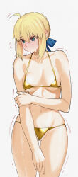 1girl absurdres ahoge artoria_pendragon_(fate) bikini blonde_hair blue_bow blush bow braid braided_bun breasts cameltoe embarrassed fate/grand_order fate_(series) gold_bikini hair_bow hair_bun highres kamisato_sora looking_to_the_side medium_breasts micro_bikini navel saber_(fate) solo swimsuit